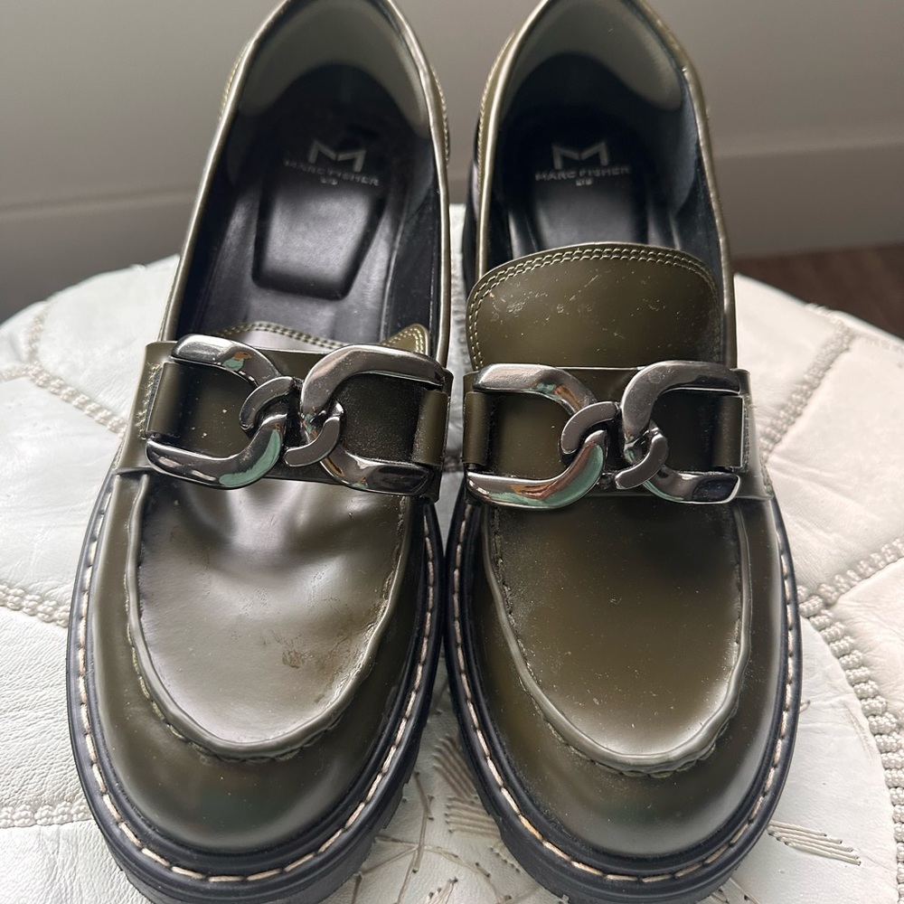 Marc Fisher Olive Green Loafers with Silver Chain